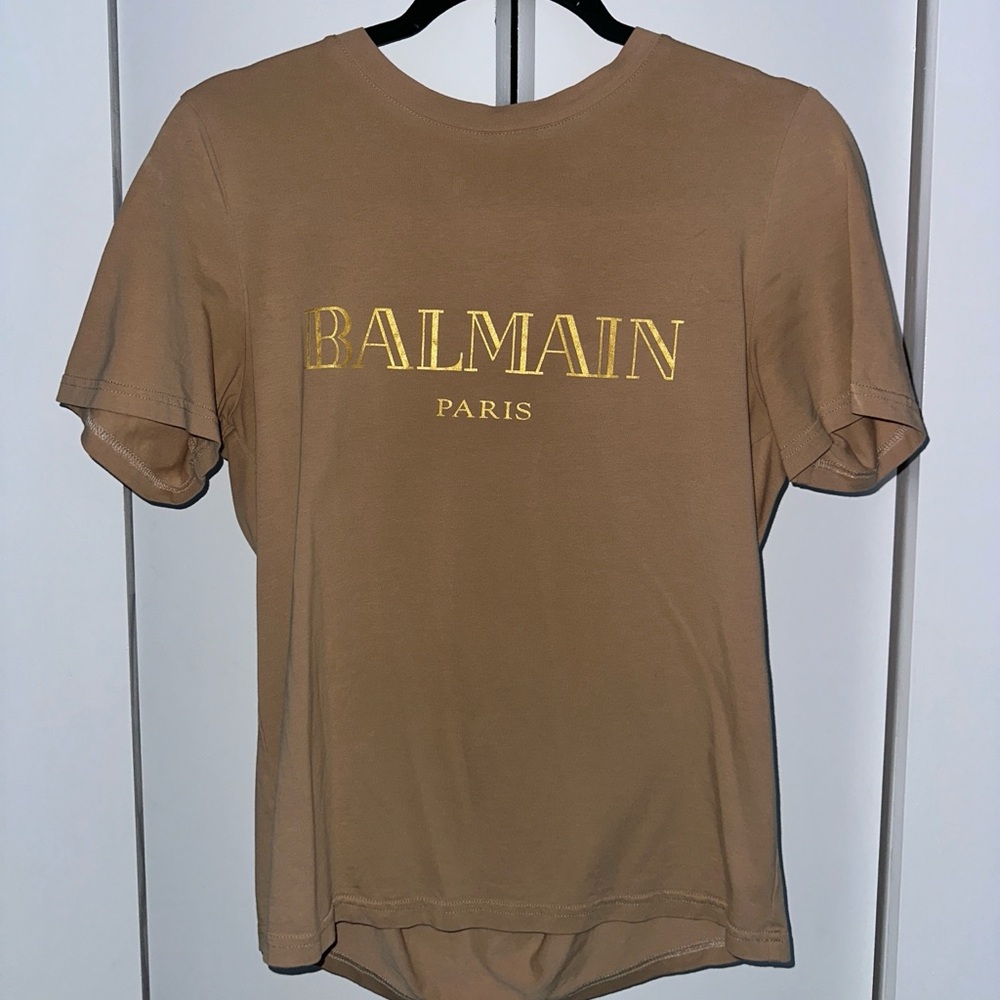 Balmain Beige Tee with Golden Logo